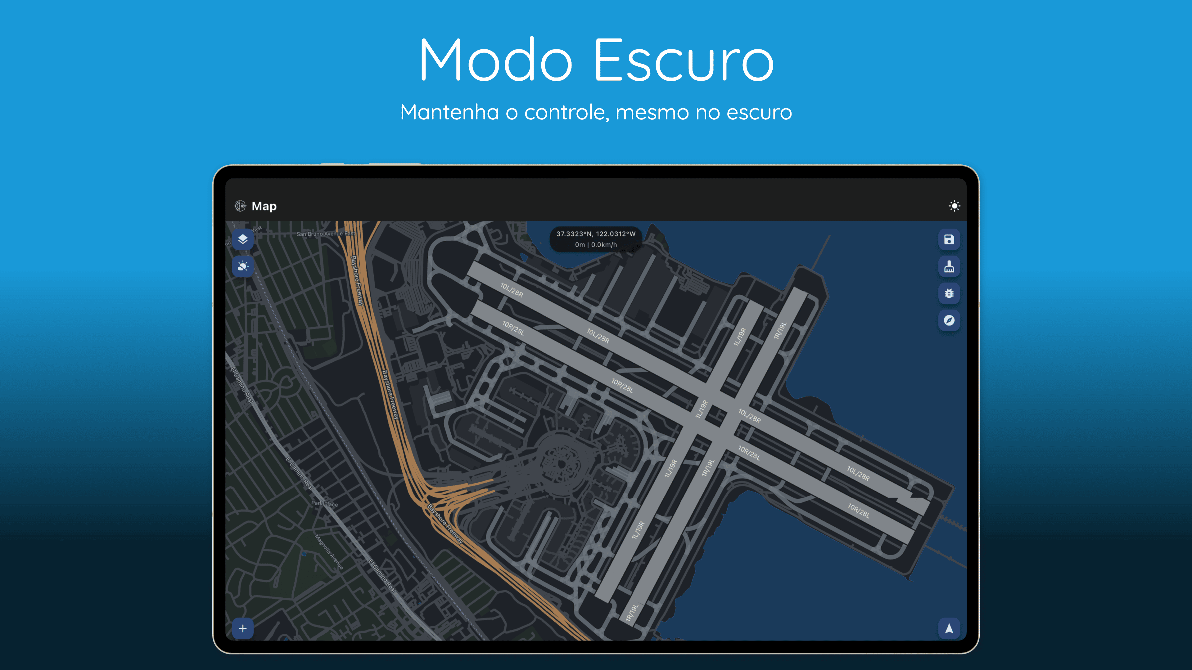 Mapa Móvel Pilot Kit mostrando posição GPS em carta seccional com espaço aéreo e terreno